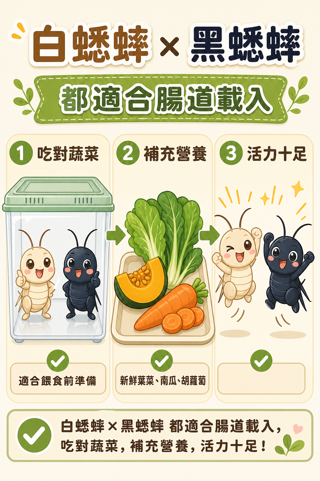 白蟋蟀和黑蟋蟀都適合腸道載入,吃對蔬菜後活力十足,把營養確實帶進爬蟲體內