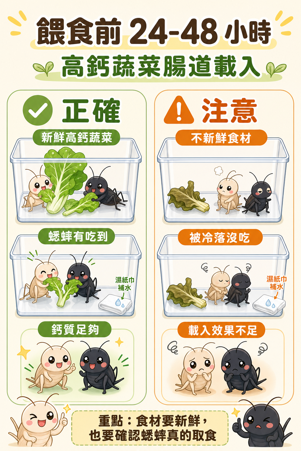 把握餵食前 24–48 小時的時間窗口,讓蟋蟀確實吃到新鮮高鈣蔬菜,腸道內的鈣質才足夠;放到不新鮮或被蟋蟀冷落的食材,就達不到腸道載入的效果