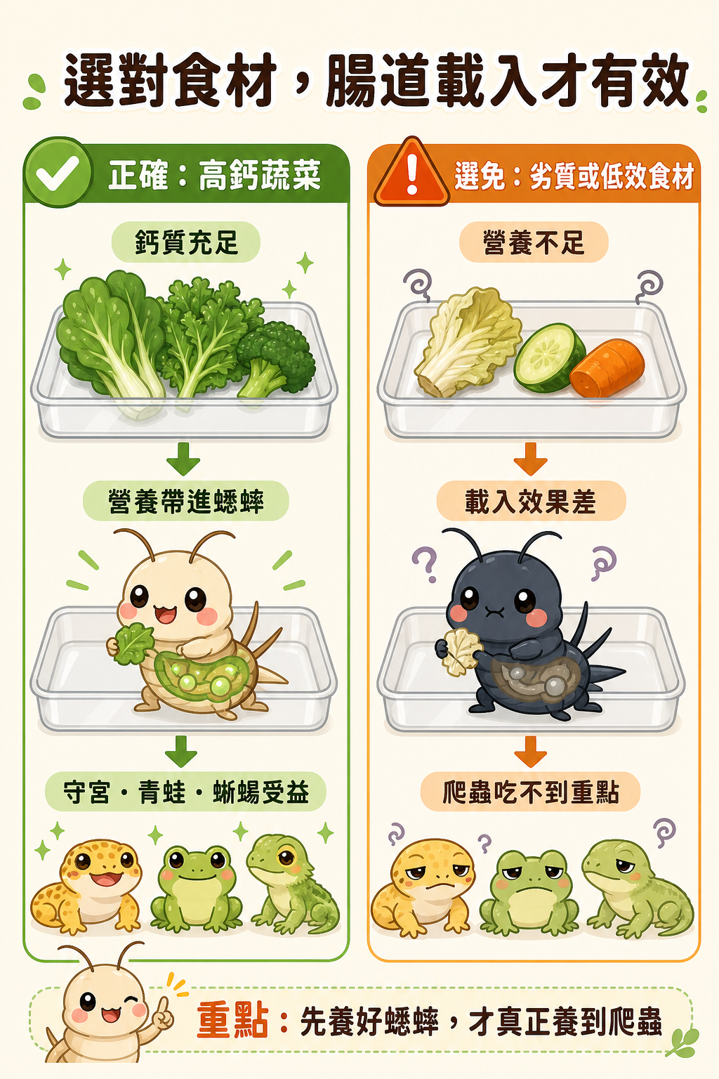 選對食材才能真正養到爬蟲:高鈣蔬菜讓守宮、青蛙、蜥蜴都受益,劣質或低效的食材則達不到腸道載入效果