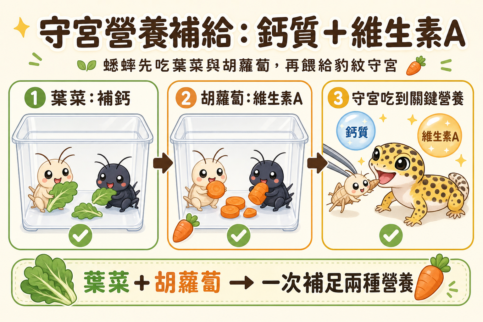 豹紋守宮同時需要鈣質和維生素 A,讓蟋蟀吃葉菜加胡蘿蔔,可以一次補足這兩種關鍵營養素