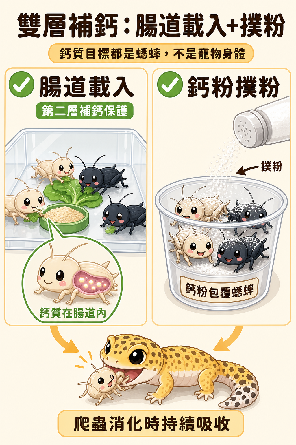 腸道載入讓蟋蟀腸道內充滿鈣質,爬蟲消化時持續吸收,是鈣粉撲粉之外不可少的第二層補鈣保護