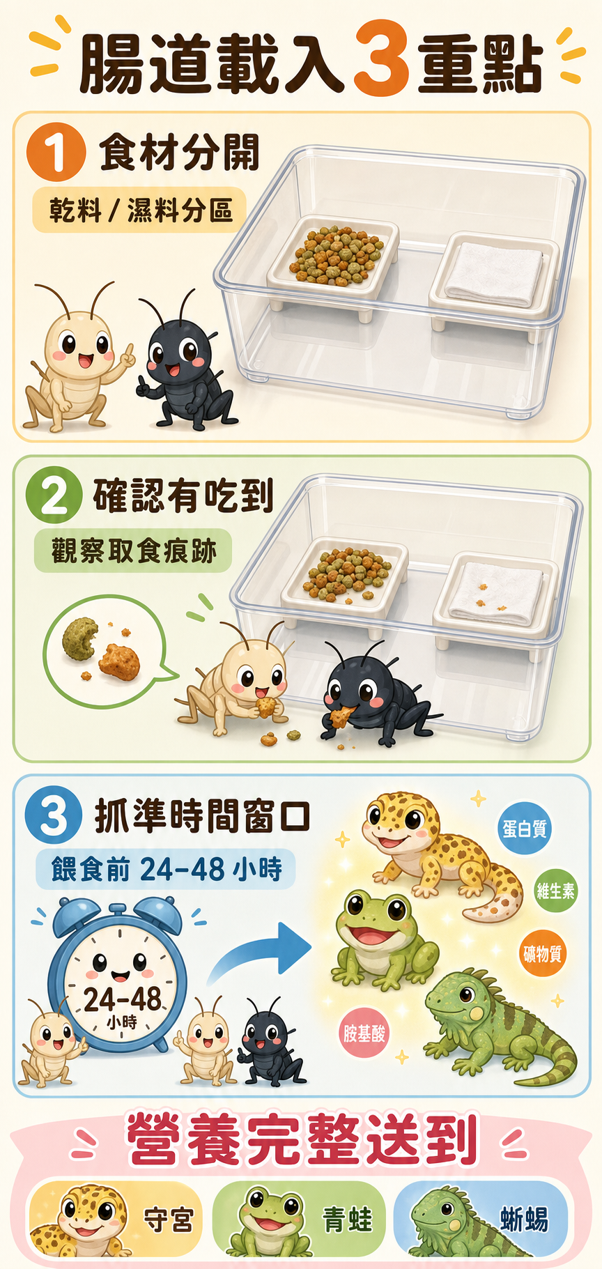 把食材分開、確認蟋蟀有吃到、抓準時間窗口——三個細節都做對,守宮、青蛙、蜥蜴都能吃到最完整的腸道載入效果