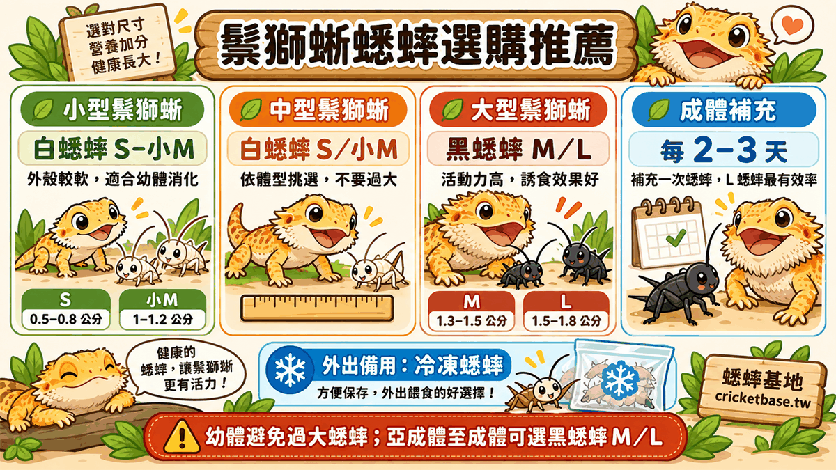 依鬃獅蜥體型選擇蟋蟀尺寸：小型用 S–小M、中型用 S/M、大型用 M/L