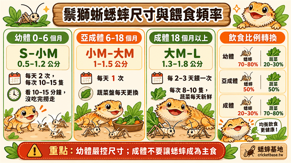 鬃獅蜥各階段蟋蟀尺寸與餵食頻率