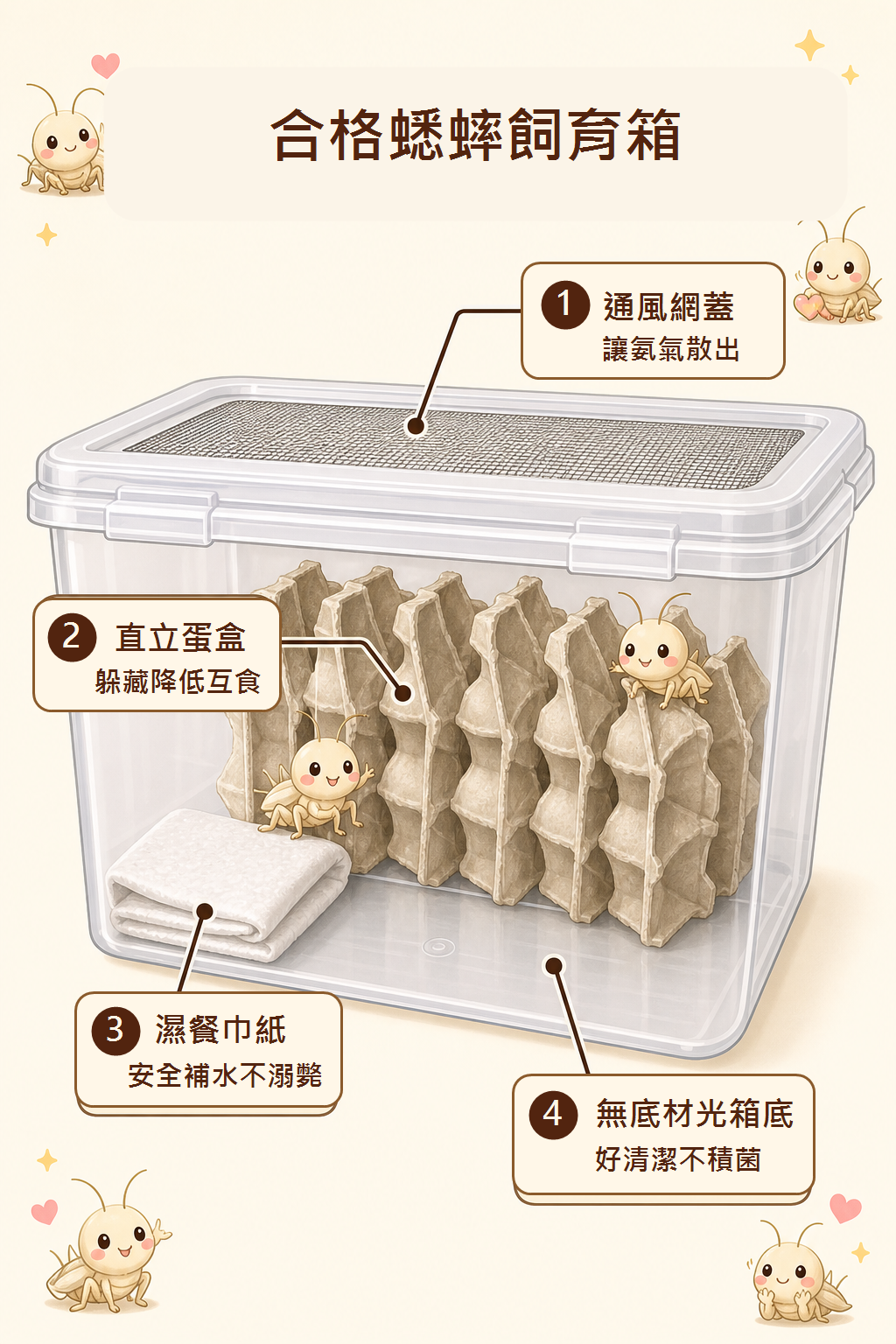 一個合格的蟋蟀飼育箱長這樣：通風網蓋讓氨氣散出去、直立蛋盒讓牠們有地方躲、濕餐巾紙讓牠們補水不溺斃。