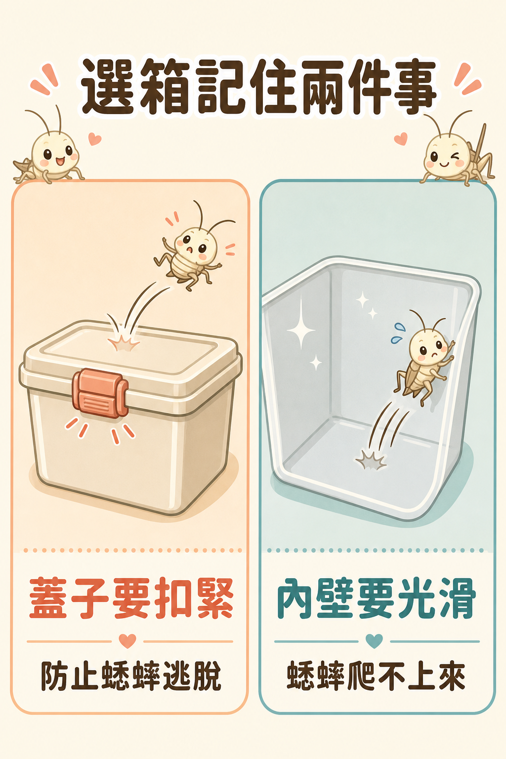 選箱子時記兩件事：蓋子要能確實扣緊防止逃脫，內壁要夠光滑讓蟋蟀爬不上來。