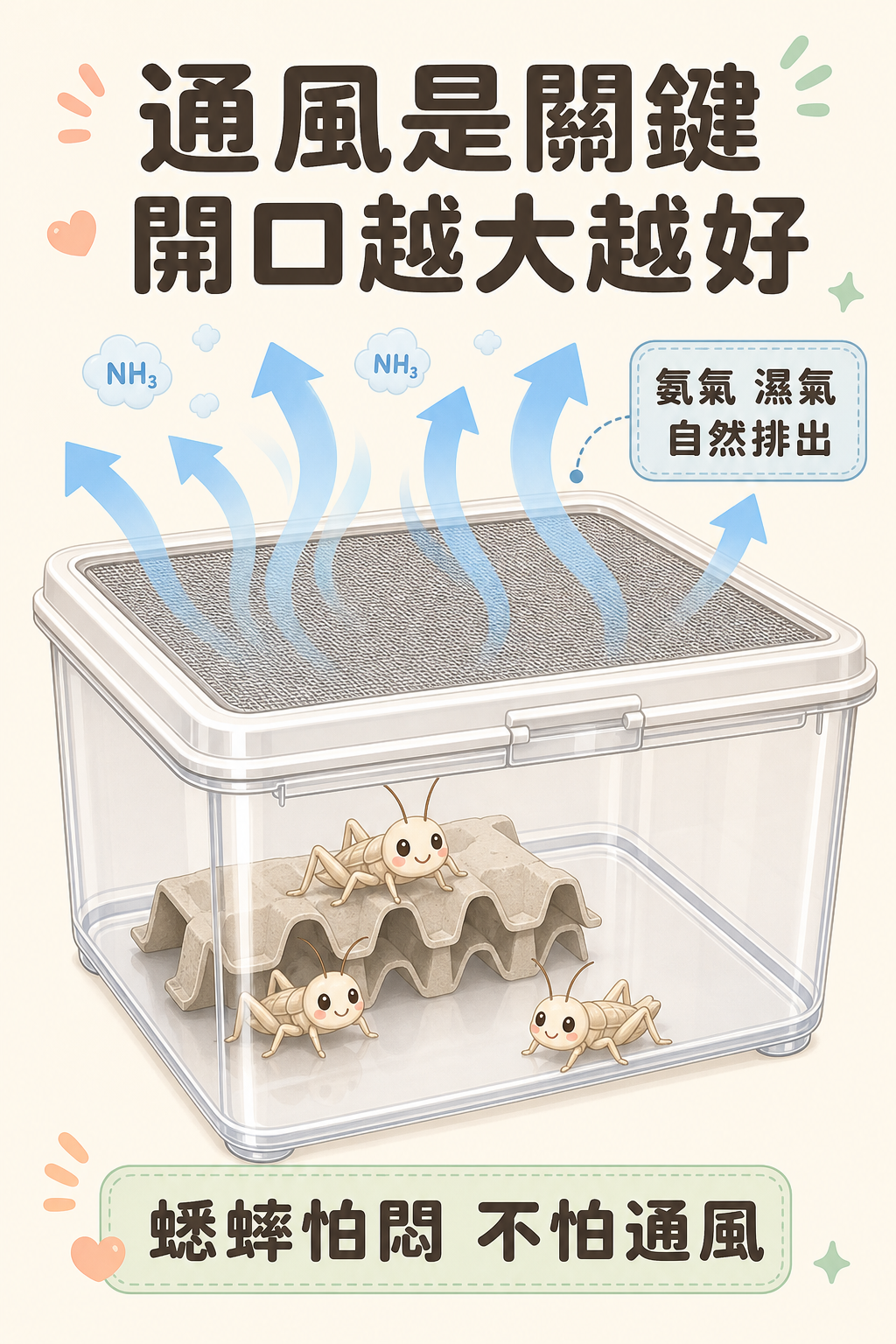 通風口面積要盡量大：讓箱內氨氣和濕氣能自然對流排出，蟋蟀才不會悶死。
