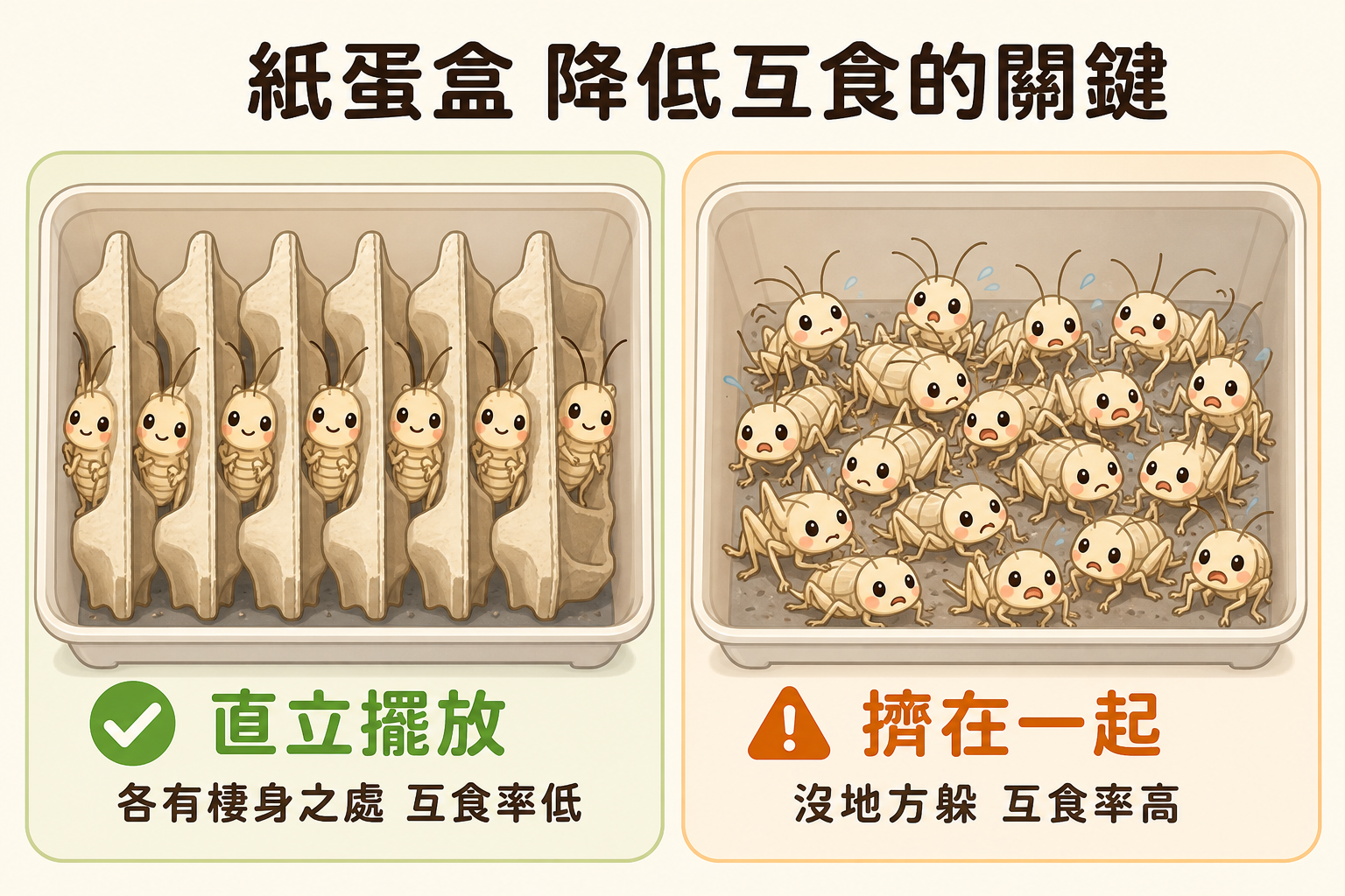蛋盒直立擺讓每隻蟋蟀有自己的位置安靜棲身，擠在一起沒地方躲則會大幅提高互食率。
