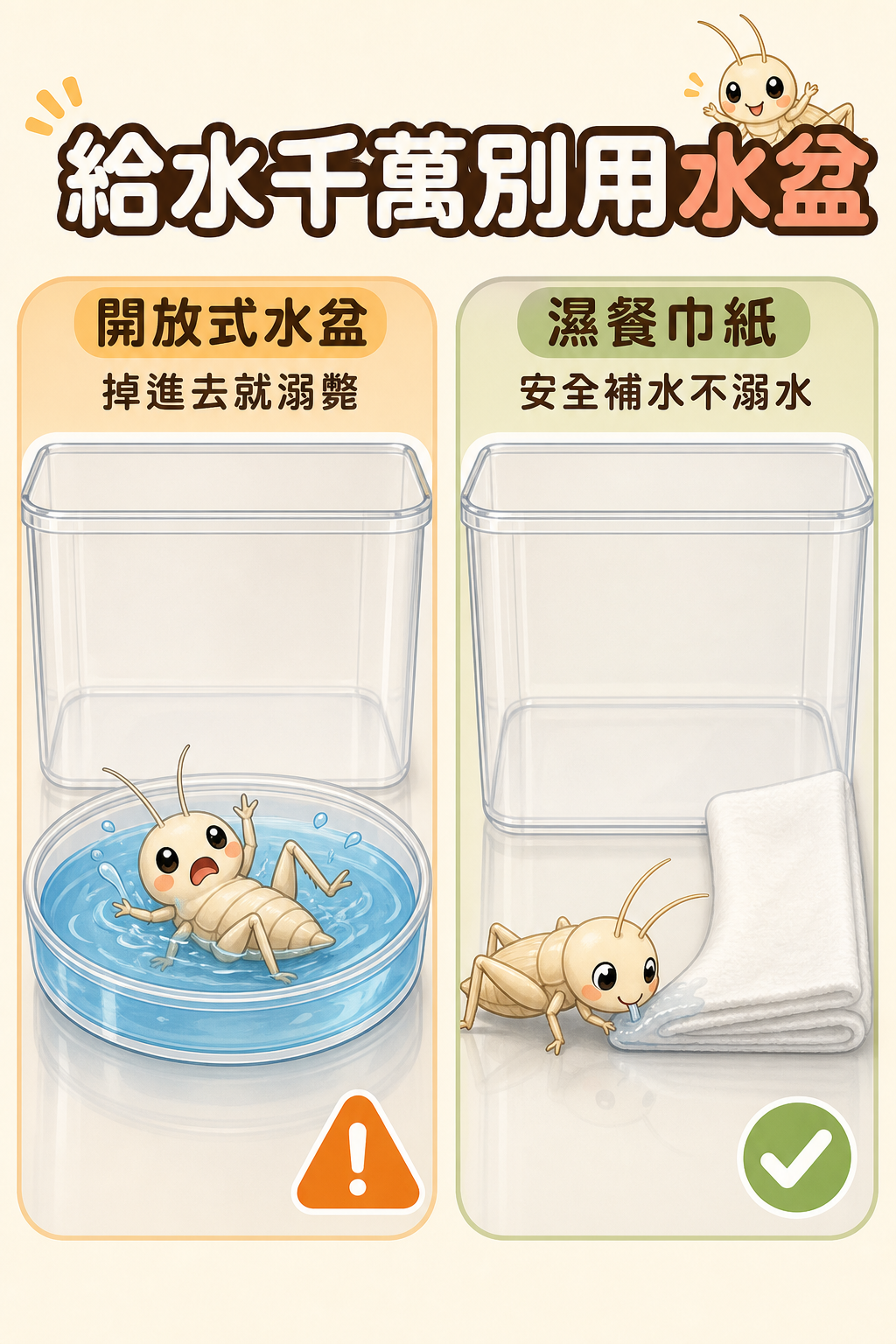 開放式水盆讓蟋蟀一掉進去就溺斃，改用濕餐巾紙才是安全給水的正確做法。