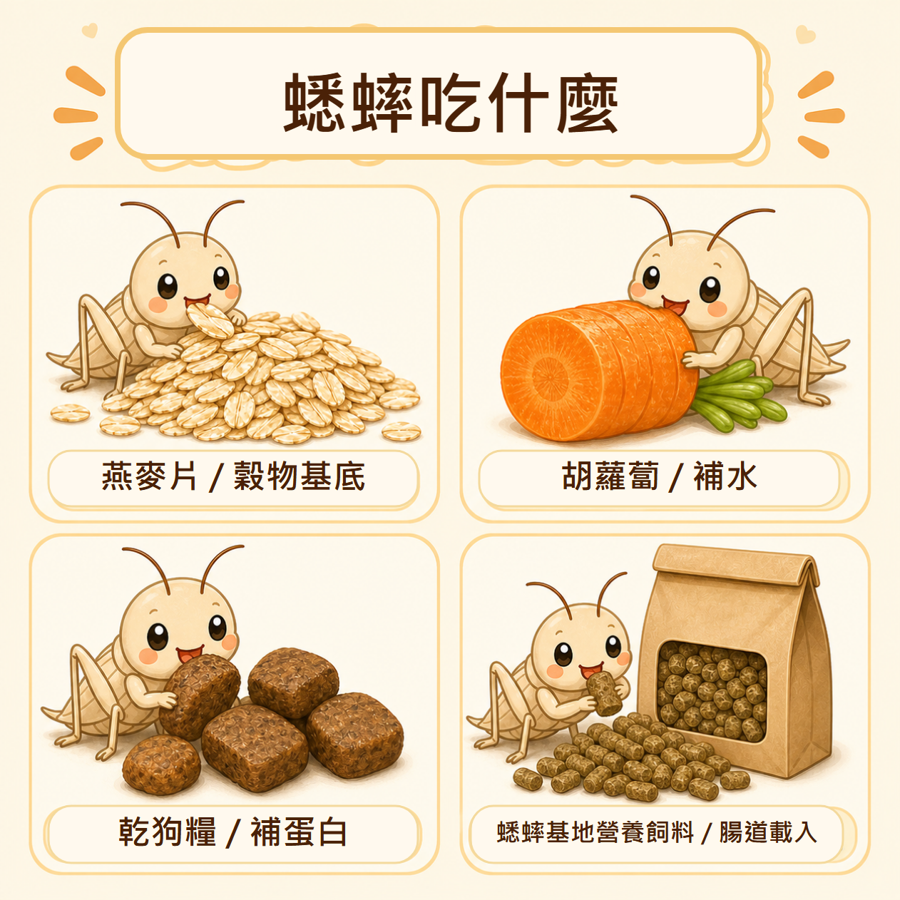 適合給蟋蟀吃的食材：燕麥片提供穀物基底、胡蘿蔔補水、乾狗糧補蛋白質，腸道載入則用蟋蟀基地自家調配的營養飼料。