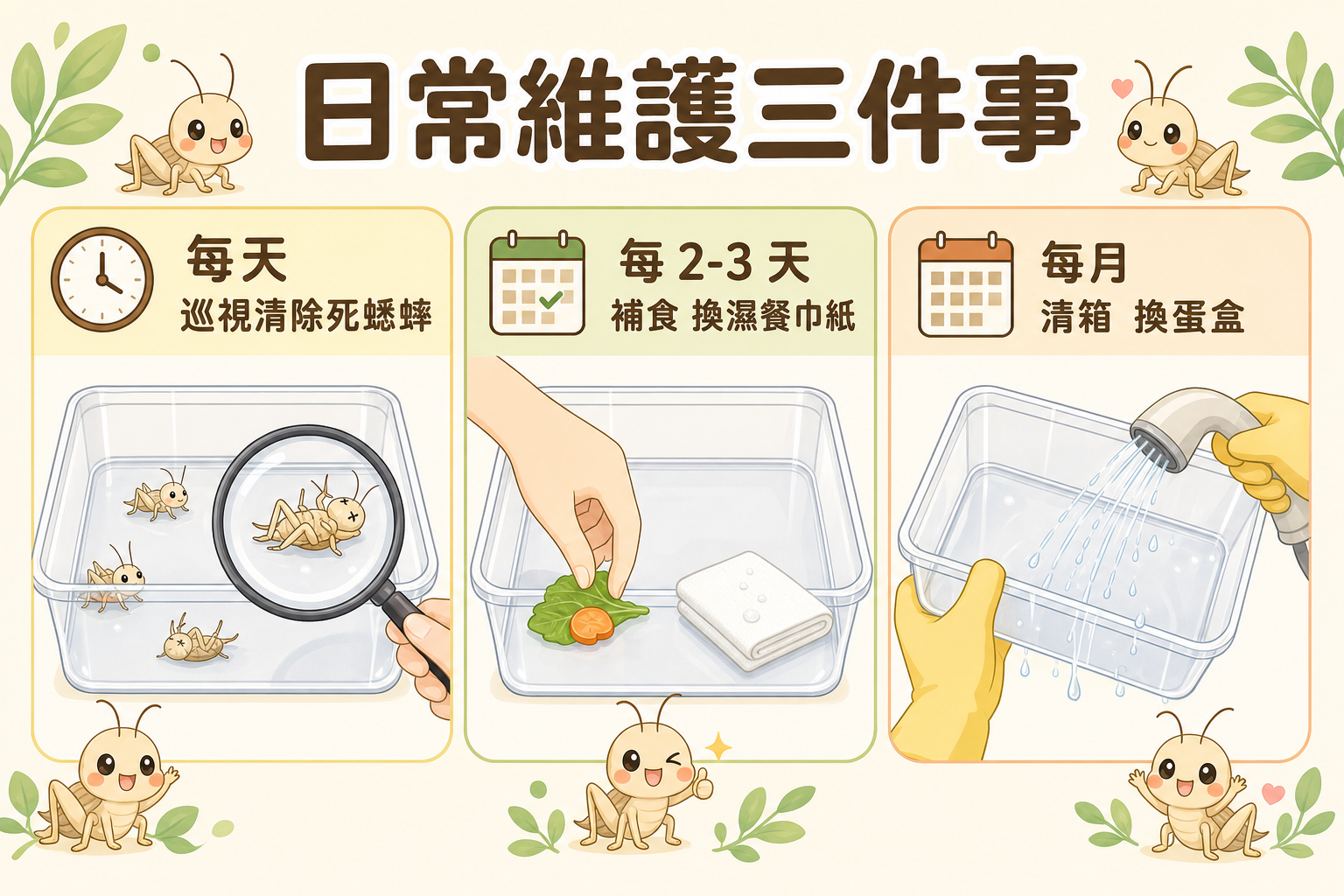 養蟋蟀的日常節奏：每天巡視有無死亡個體、定期補充食物和更換濕餐巾紙，每月徹底清箱一次，三件事做到就能把損耗壓到最低。
