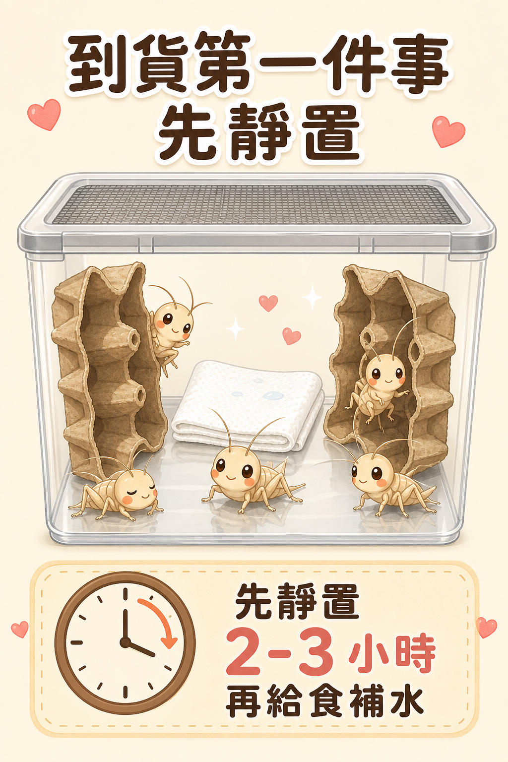 剛到貨的蟋蟀需要時間安定：放入準備好的箱子後先靜置幾小時，讓牠們從運輸壓力中緩過來再正式給食。