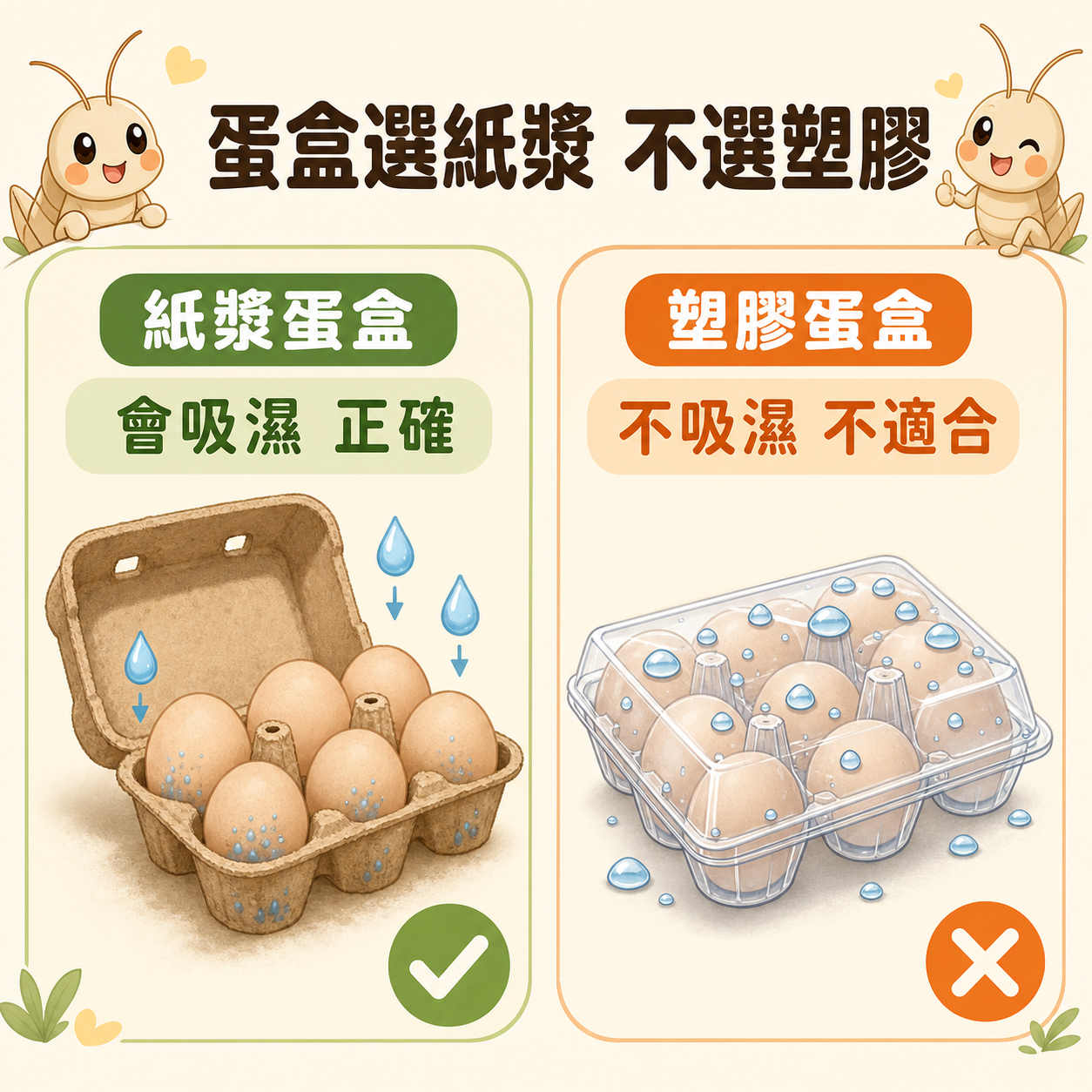 紙漿蛋盒能吸濕、提供躲藏空間，是正確選擇；透明塑膠蛋盒沒有吸濕效果，養蟋蟀不適合用。