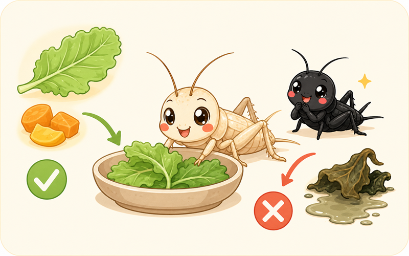 蔬菜放入蟋蟀箱前務必用流水沖洗晾乾：清洗去除農藥殘留，有機認證標章更是安心的首選。