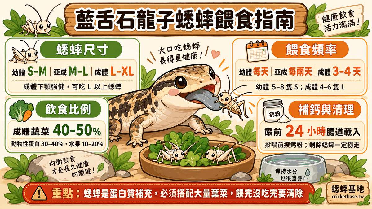 藍舌石龍子正在吃蟋蟀的可愛風插畫:展示藍舌石龍子伸出招牌藍色舌頭捕食蟋蟀的場景