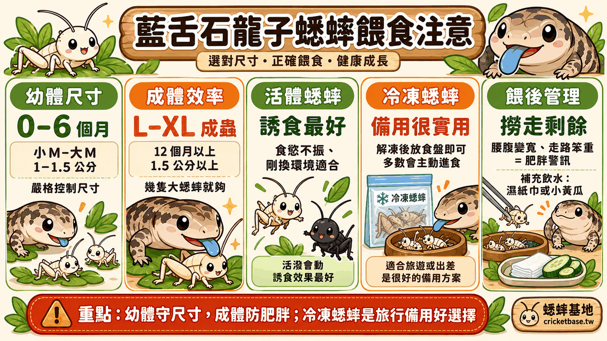 藍舌石龍子蟋蟀餵食注意事項:餵完撈走剩餘蟋蟀、注意肥胖警訊、補充飲水、幼體嚴格控制蟋蟀尺寸