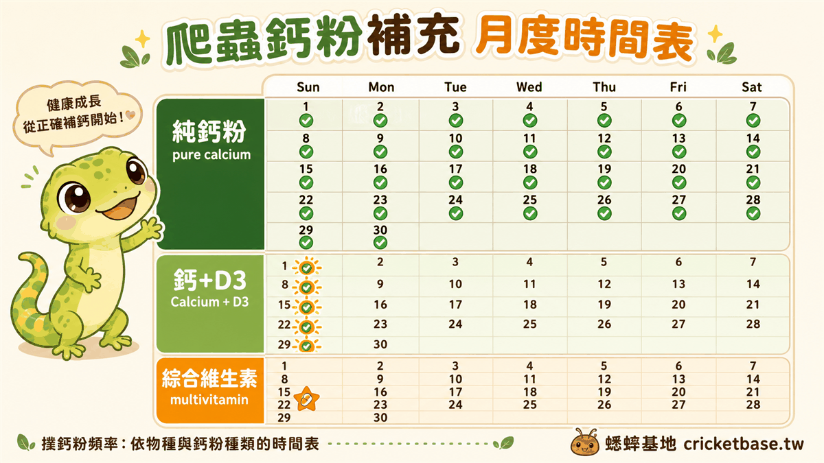 撲鈣粉頻率：依物種與鈣粉種類的時間表