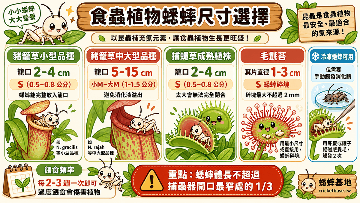 各種食蟲植物適合的蟋蟀尺寸