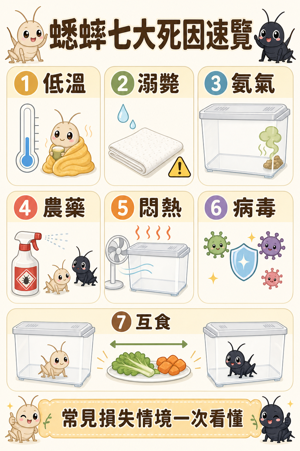 蟋蟀七大死因速覽：低溫、溺斃、氨氣、農藥、悶熱、病毒與互食，這七個威脅幾乎涵蓋了飼主最常碰到的損失情境。