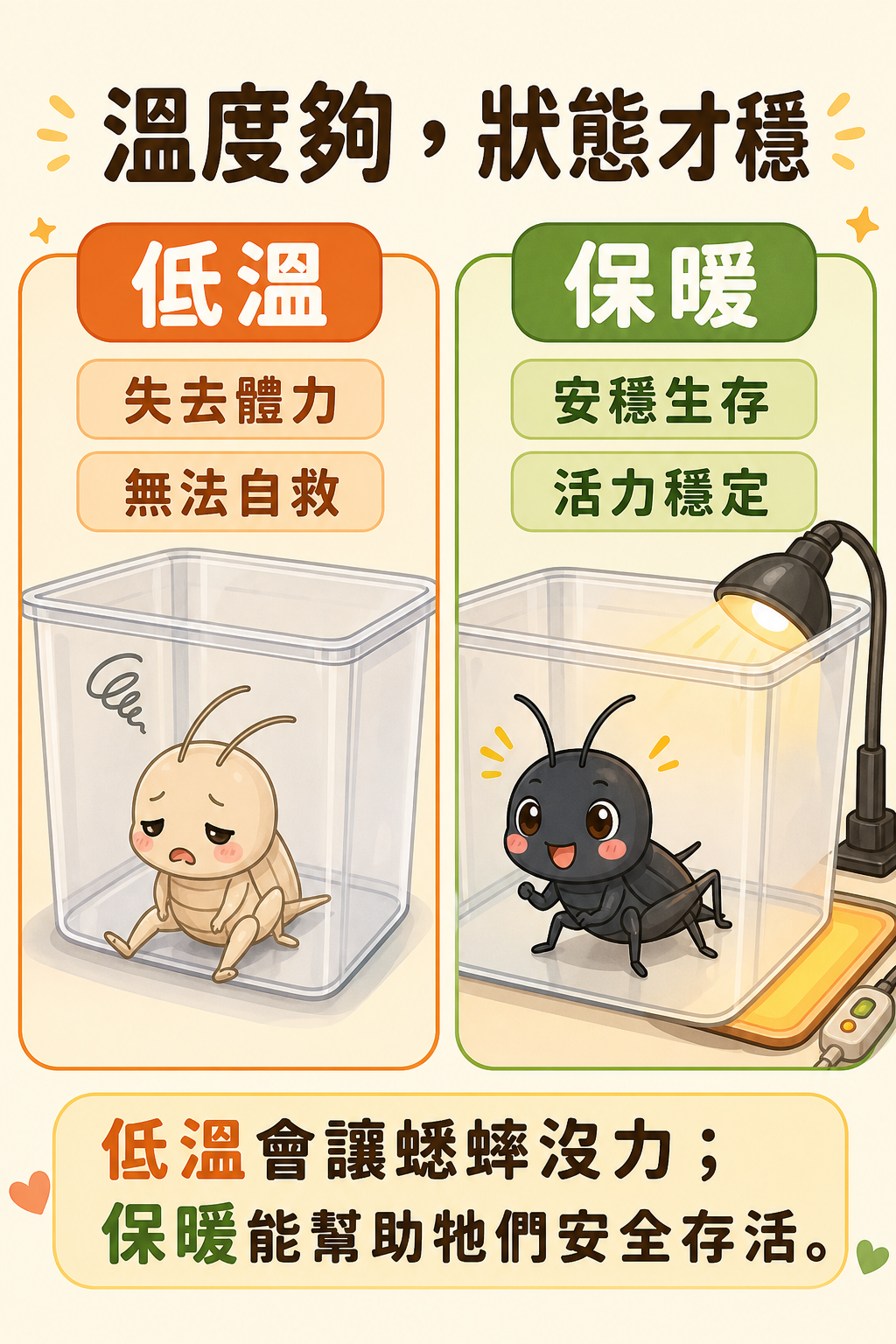 溫度夠不夠，蟋蟀的狀態差很多：低溫讓蟋蟀失去體力、無法自救，保暖才能讓牠們安穩生存。