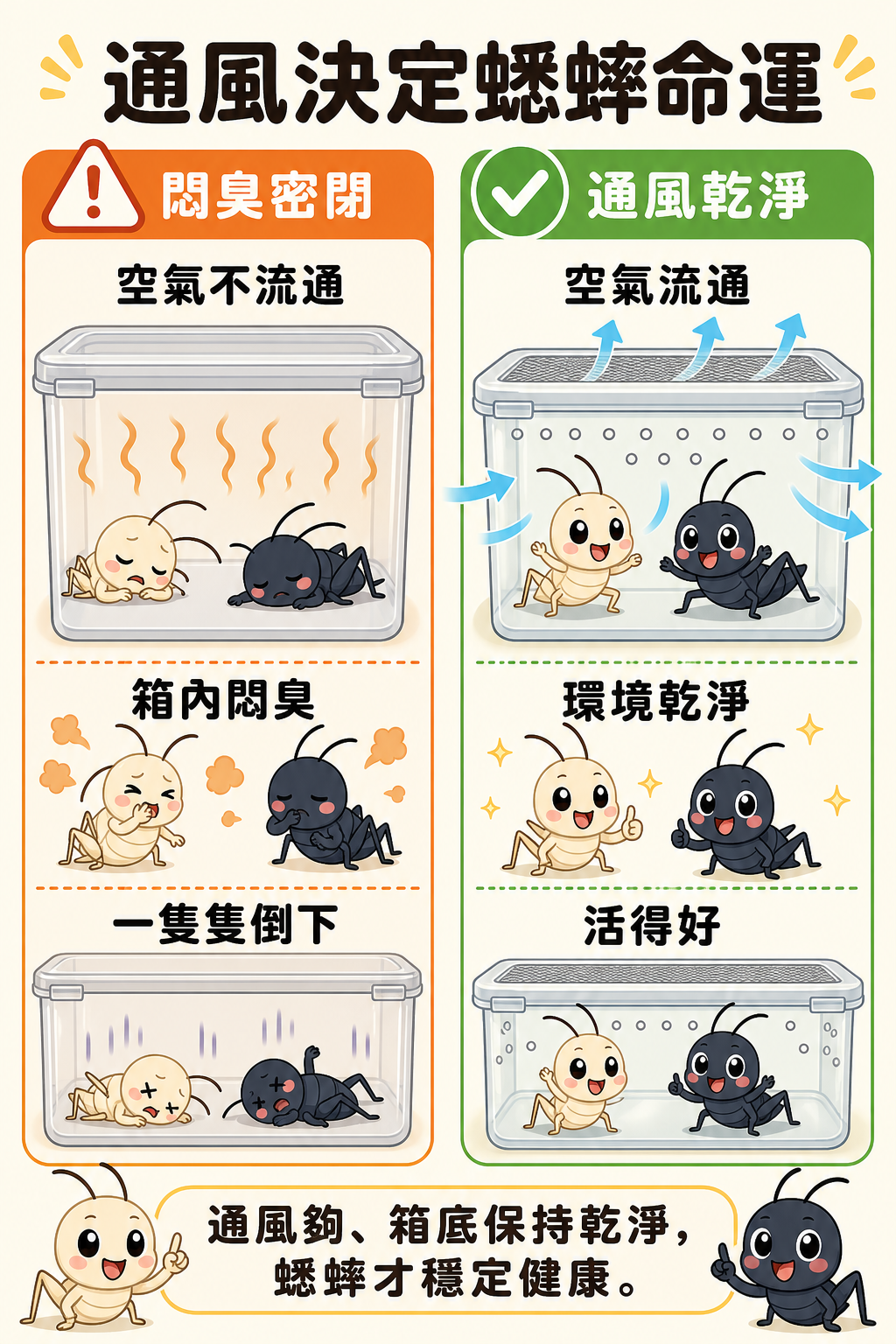 通風夠不夠，箱內蟋蟀的命運截然不同：悶臭密閉的箱子讓蟋蟀一隻隻倒下，空氣流通、環境乾淨才能讓牠們活得好。