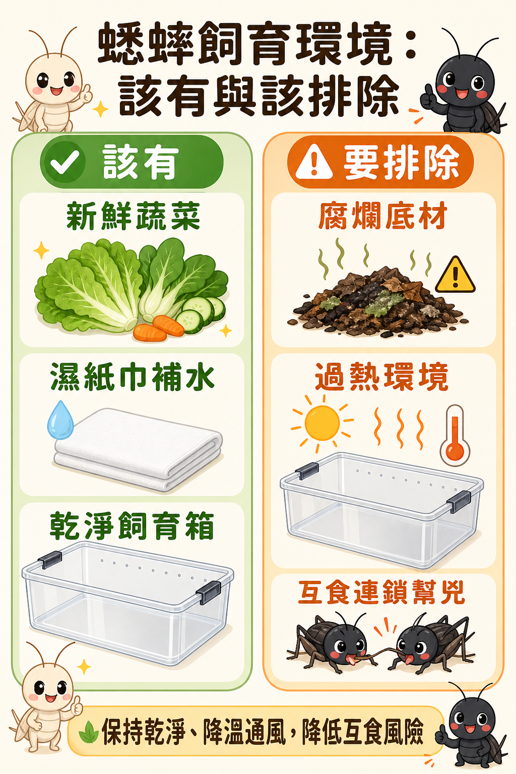 哪些環境條件該有、哪些要排除：蔬菜、水分來源、乾淨飼育箱是必要的，腐爛底材和過熱環境則是互食連鎖的幫兇。
