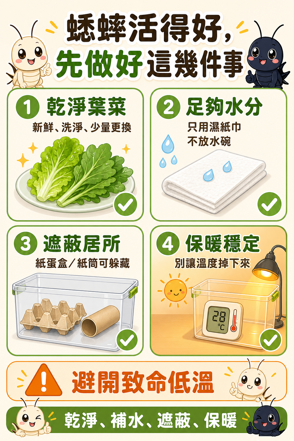 做好這幾件事，蟋蟀就能活得好：乾淨葉菜、足夠水分加上有遮蔽的居所是基本功，再幫牠們保暖、別讓溫度掉下來，就能避開最致命的低溫。
