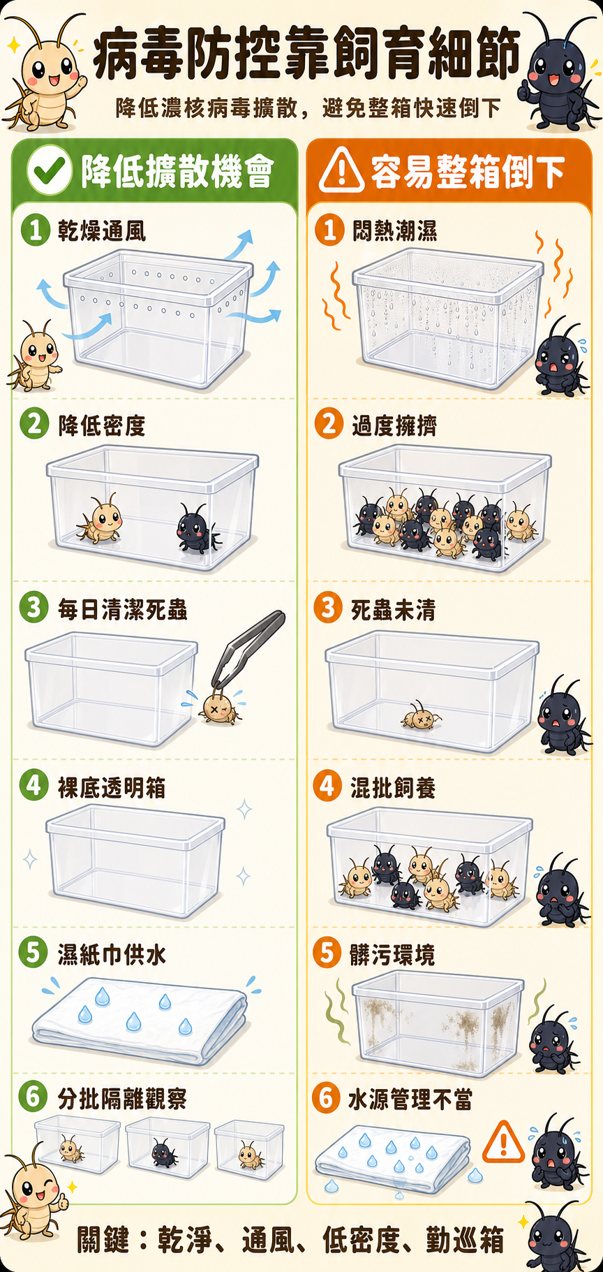 病毒防控的關鍵在飼育細節：哪些飼養條件能降低蟋蟀濃核病毒擴散的機會，哪些做法會讓整箱蟋蟀快速倒下，這張圖一目了然。
