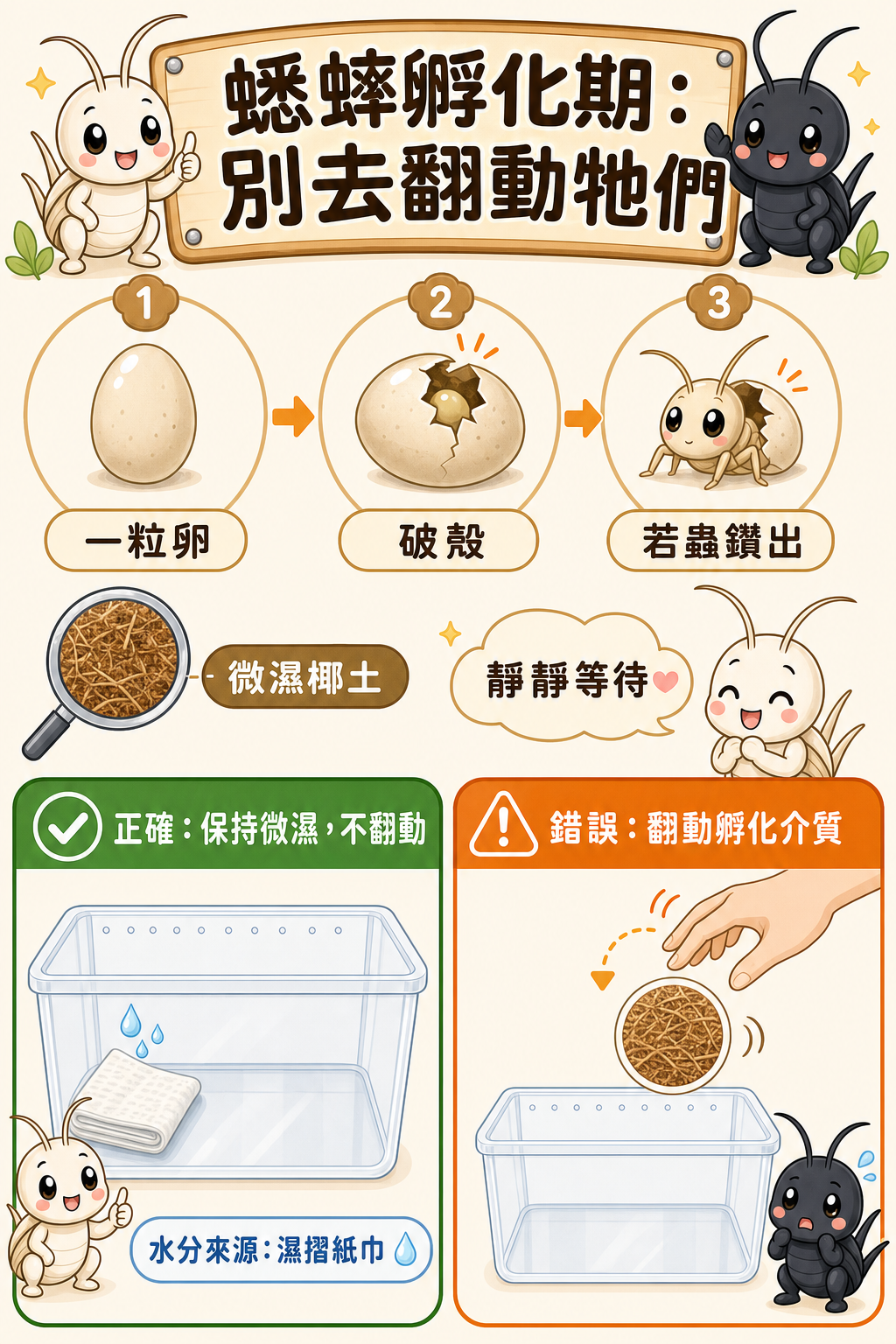 從一粒卵到破殼鑽出的若蟲,整個孵化過程在微濕的椰土裡靜靜完成,飼主這段時間最重要的事是「別去翻動牠們」。