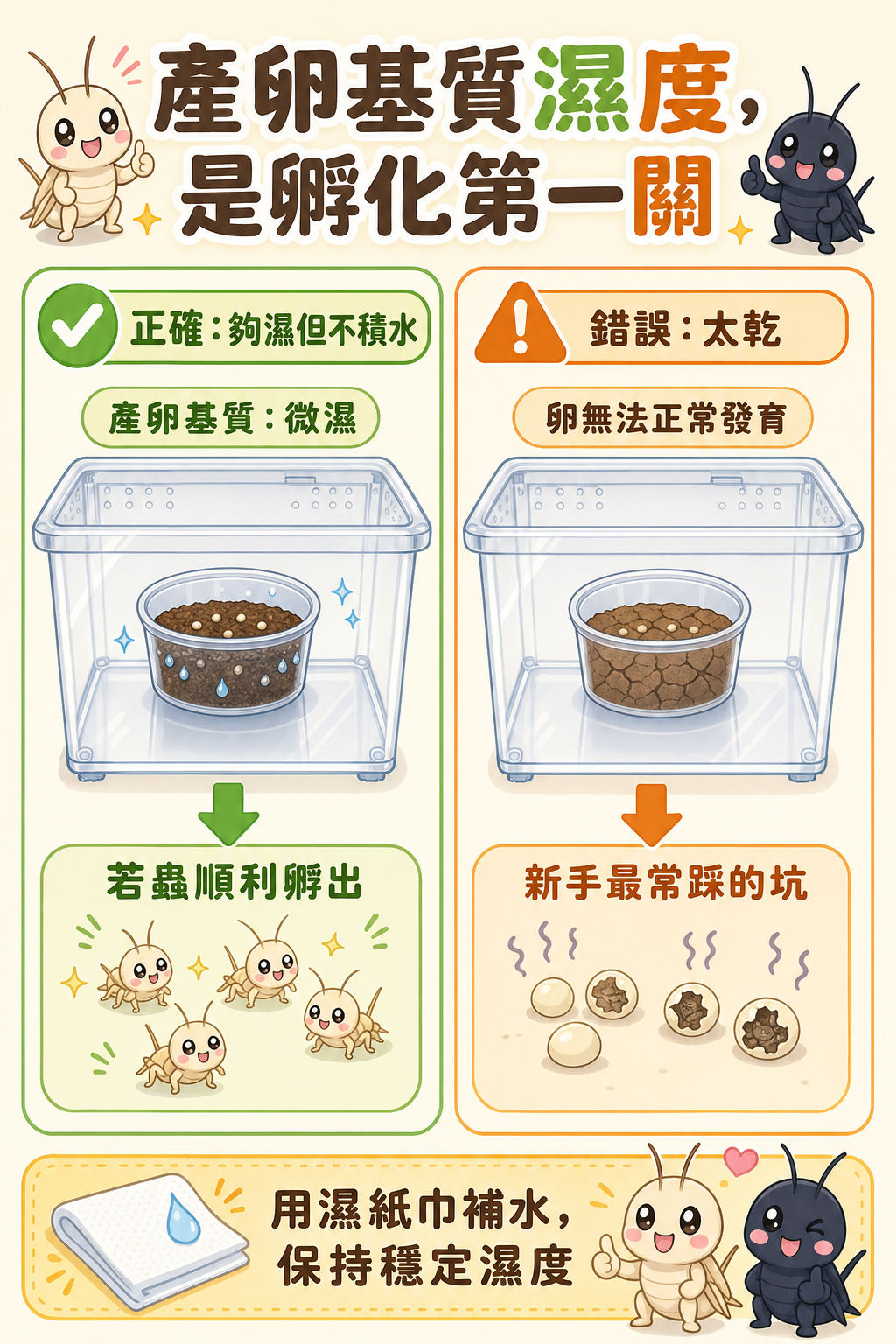 產卵基質夠濕,若蟲才孵得出來;太乾的基質讓卵無法正常發育,是新手最容易踩的第一個坑。