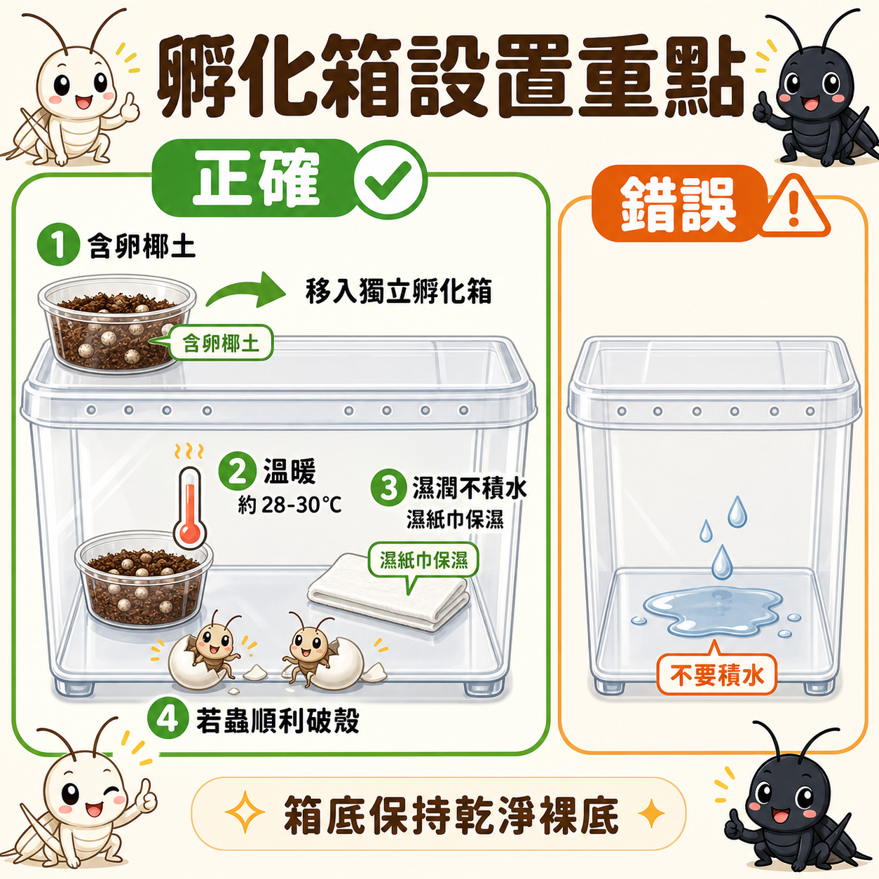 孵化箱設置正確,若蟲就能順利破殼:關鍵是把含卵椰土移入獨立空間,維持溫暖濕潤卻不積水的環境。