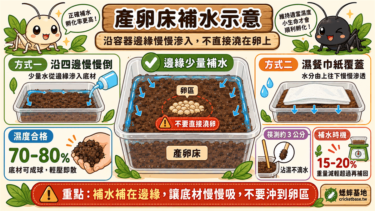 產卵床補水示意：沿容器邊緣讓水慢慢滲入底材，不直接澆在卵上