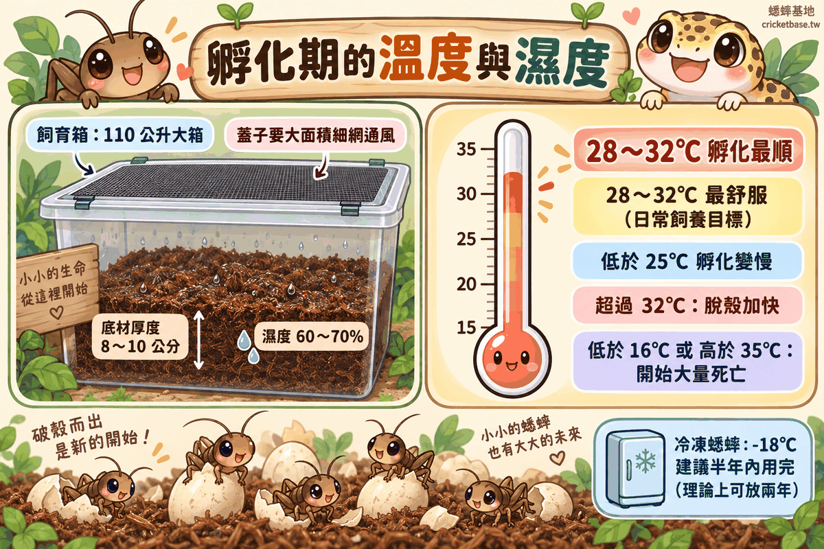 孵化期的溫度與濕度：底材厚度 8～10 公分、濕度 60～70%、28～32°C 孵化最順，低於 25°C 孵化變慢