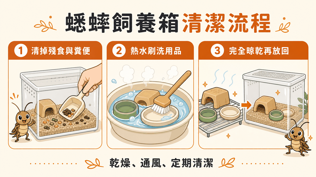 蟋蟀箱清潔三個層次：每天移除死蟲換濕餐巾紙、每週局部清潔、每 2–4 週深度消毒