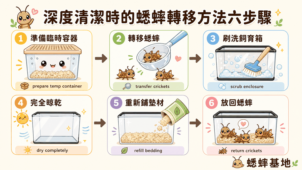 深度清潔時的蟋蟀轉移與消毒步驟示意