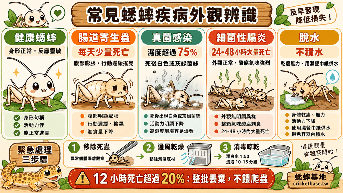 常見蟋蟀疾病外觀辨識:健康蟋蟀 vs 腸道寄生蟲、真菌感染、細菌性腸炎、脫水的視覺對比