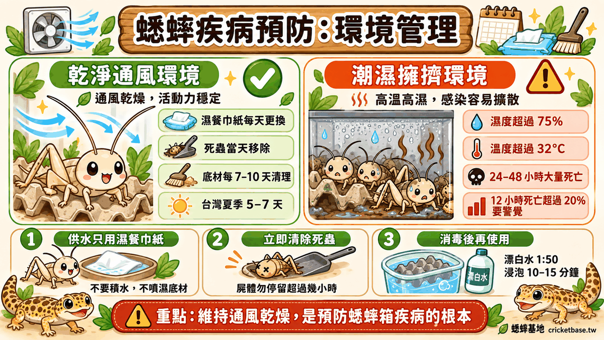 環境管理是預防蟋蟀疾病的根本:乾淨通風環境 vs 潮濕擁擠環境的健康對比