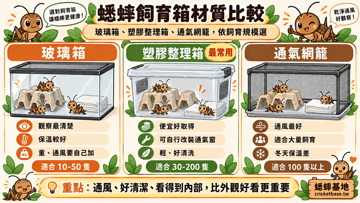 蟋蟀飼育箱材質比較:玻璃箱、塑膠整理箱、通氣網籠的優缺點
