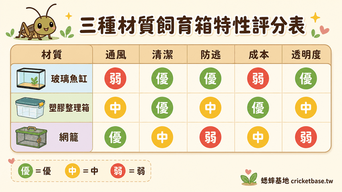 飼育箱材質特性評分對比表
