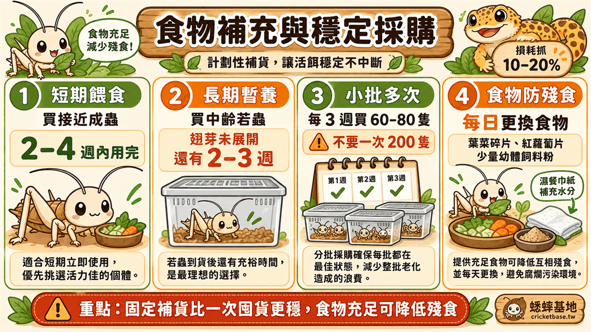 怎麼買比較穩：短期餵食買接近成蟲、長期暫養買中齡若蟲、每週少量補貨避免一次囤太多
