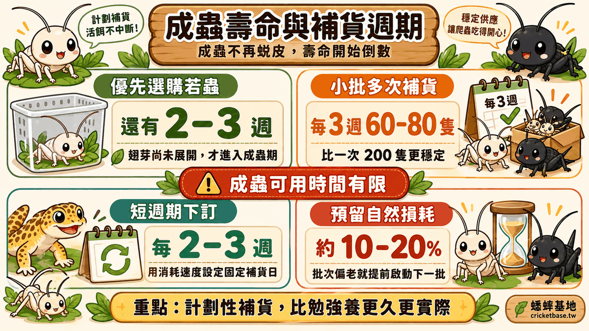 成蟲不再蛻皮、壽命開始倒數：白黑蟋蟀成蟲壽命提醒圖