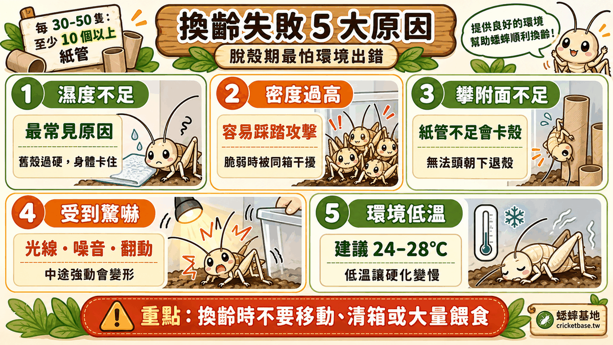 換齡失敗的常見原因：濕度不足、密度過高、攀附面不足、驚嚇、低溫