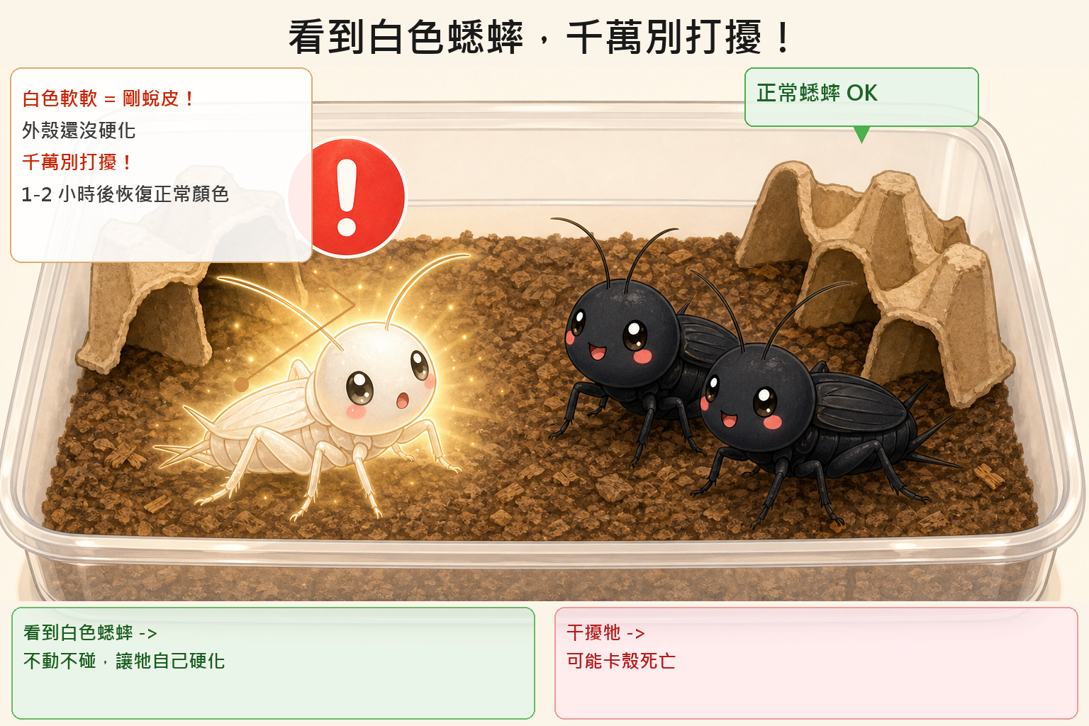 若蟲每蛻一次皮,體型就明顯往上跳一級;看到箱子裡有白白軟軟的個體,就是牠正在蛻皮,這時千萬別打擾。