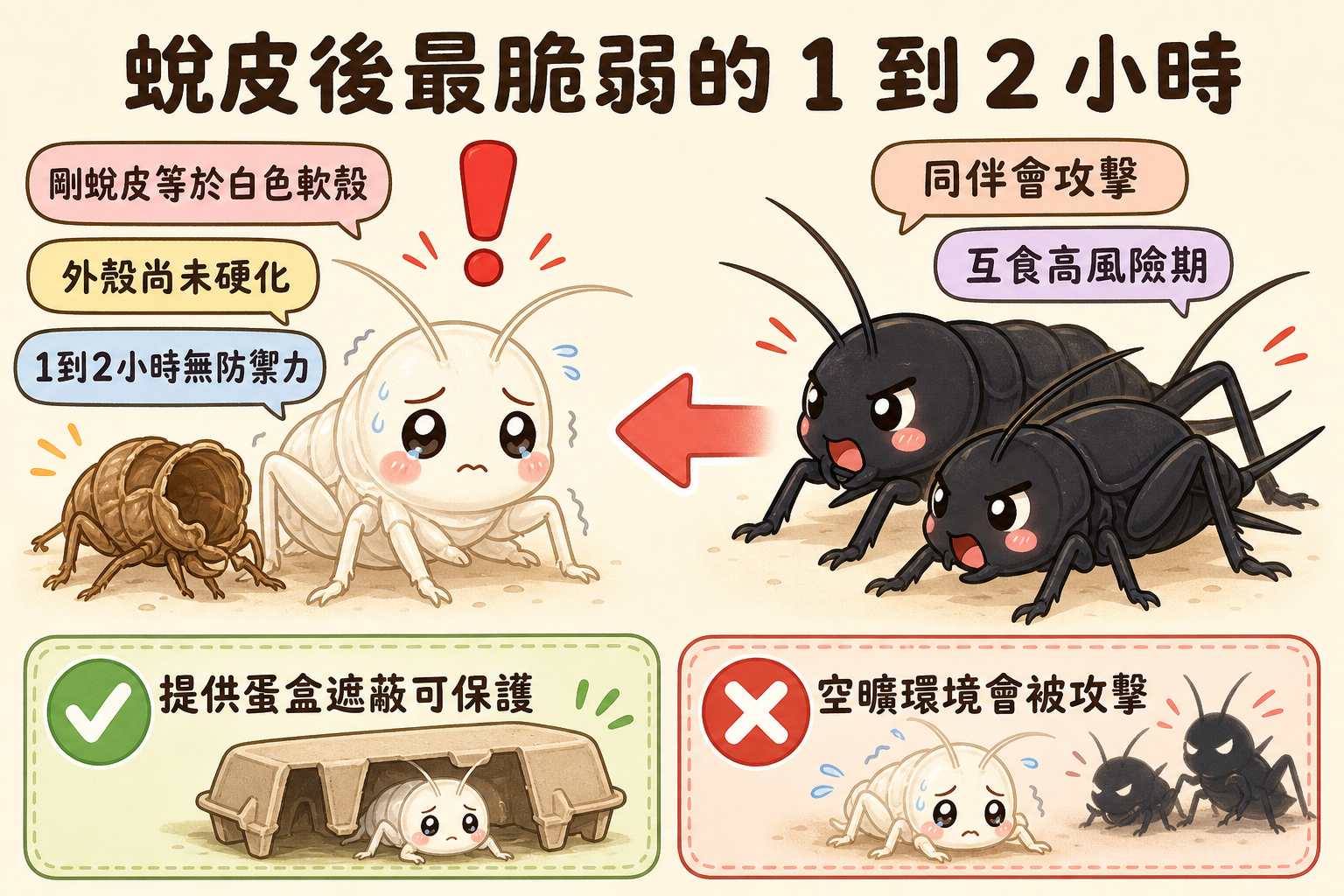 蛻皮成功的蟋蟀會留下一層完整空殼;那 1–2 小時的新殼還沒硬,是牠一生中最容易被同伴攻擊的時刻。