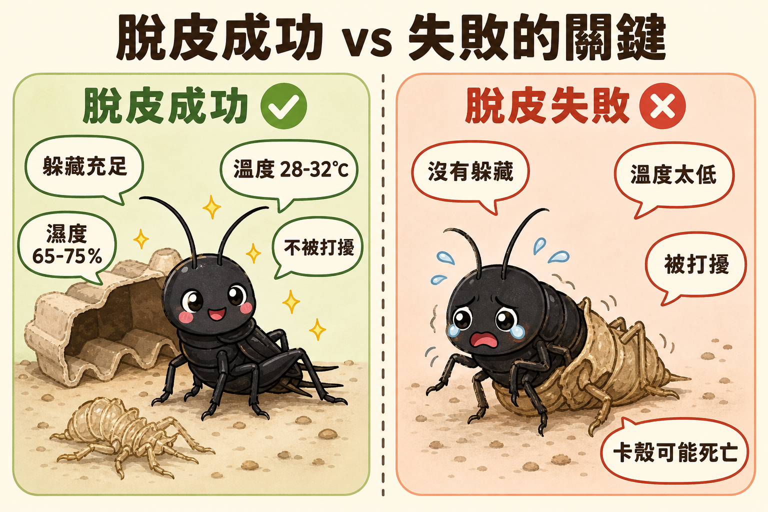 溫度夠、成長順利就能一次次蛻皮長大;但其中有一次蛻皮失敗就會卡死,溫度和遮蔽管理做好才能降低這個風險。