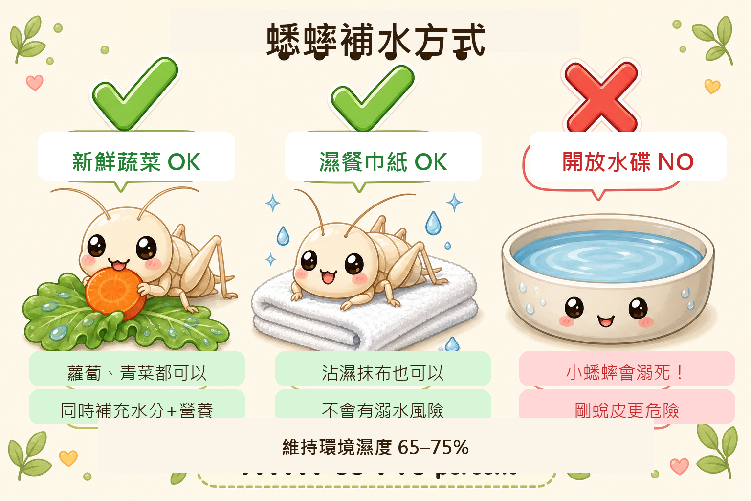 濕度夠,蟋蟀能順利把舊殼撐開蛻出來;箱子太悶太潮反而讓牠困在裡面,提供蔬菜或濕餐巾紙補水就能維持適當濕度。