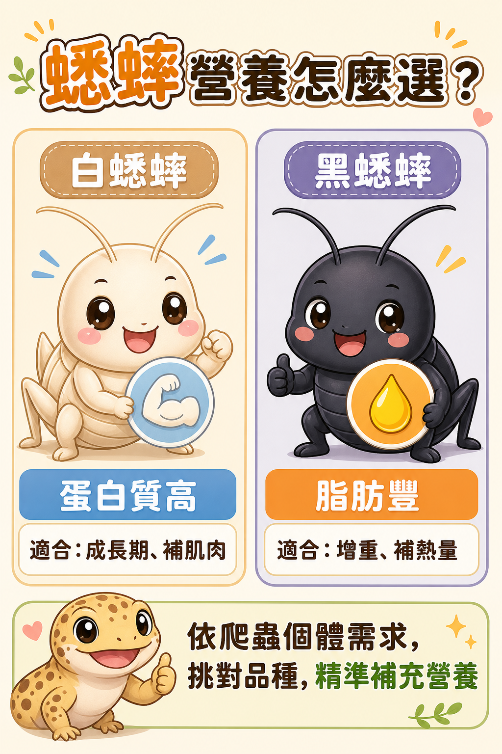 白蟋蟀蛋白質高、黑蟋蟀脂肪豐,兩者各有適合的爬蟲狀況,依個體需求挑對品種,是精準補充營養的基礎。