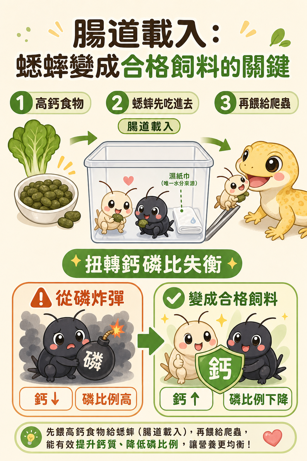 蟋蟀先吃進高鈣食物、再餵給爬蟲,才能扭轉鈣磷比嚴重失衡的問題,腸道載入是讓蟋蟀從「磷炸彈」變成合格飼料的關鍵一步。