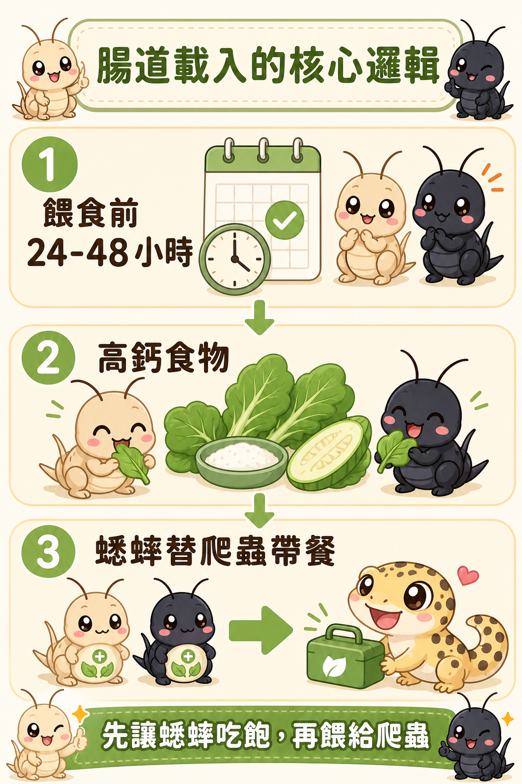 在餵食前 24 到 48 小時讓蟋蟀吃飽高鈣食物,等於讓蟋蟀替爬蟲「帶餐」,這就是腸道載入的核心邏輯。