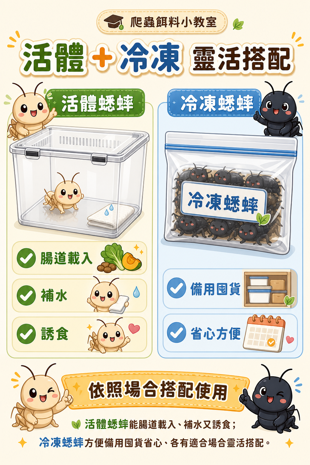 活體蟋蟀能腸道載入、補水又誘食;冷凍蟋蟀方便備用、囤貨省心,兩者定位不同、各有適合場合,依飼育需求靈活搭配即可。